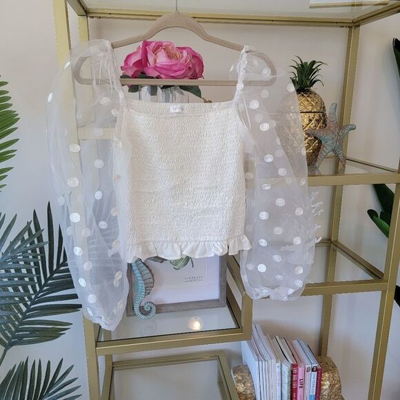 NWOT White Polka Dot Organza Statement Organza/Sheer Long Sleeve Top Size Large - Picture 2 of 5